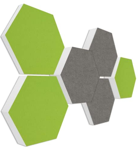 platino24 Schallabsorber COLORE aus Basotec G+ I Akustikpaneele mit Akustikfilz I 3D Wand-Paneele mit 6 Waben in Hellgrün & Granitgrau I Akustikplatten zur Schalldämmung in Büro, Studio & Wohnung
