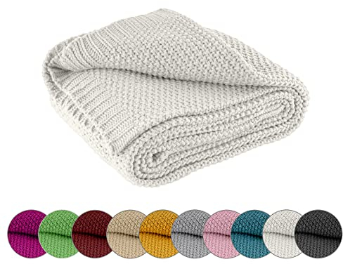 wometo Kuscheldecke Strick 140x190 weiß wollweiß - Strickdecke oekoTex warme weiche Decke mit edlem und schlichten Strickmuster