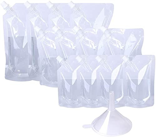 LATRAT 12 Stücke Faltbarer Trinkbeutel, Getränkebeutel Likörbeutel aus Kunststoff mit 2 Stück Trichter für Wein, Camping, Reisen, Festivals, Partys (210 ml, 410 ml, 1000 ml)