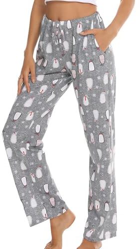 ENJOYNIGHT Pantalon de pyjama pour femme en coton manches longues avec imprimé, pantalon de sommeil, pantalon de loisirs avec poches et cordon de serrage, L