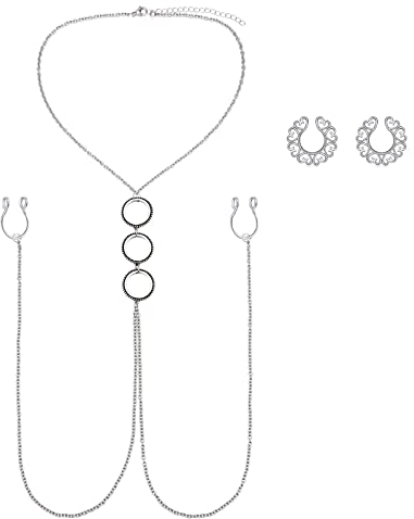 AceFun Gefälschte Brustwarzen Nippelringe Faux Halsketten Nippel Chian Kette Nippelring Gefälschter Faux Nippel Piercing Schmuck für Frauen Nicht Piercing Nippelring mit Halsketten Verstellbar Silber