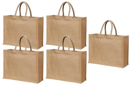 5 Pack Reusable Jute Burlap Tote Bags, 15.8X11.9X5.9 Inches, Eco-Friendly Shopping and Beach Bags with Handles Bridesmaid Gift Tote, Wedding Favor Totes, Return Gift Bag