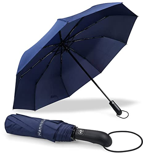 Hannstar Winddichter Reise-Regenschirm – kompakt, leicht, automatisches Öffnen/Schließen, stark und tragbar – windabweisend, kleiner faltbarer Rucksack-Regenschirm – Damen und Herren