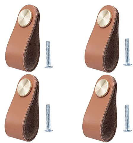BOOLSFMAM Lot de 4 Poignée Meuble Cuir, Bouton de Portes Placard Poignee Cuir Bouton de Tiroir, Poignee de Meuble Vintage pour Armoires, Commode, Cuisine, Salle de Bain