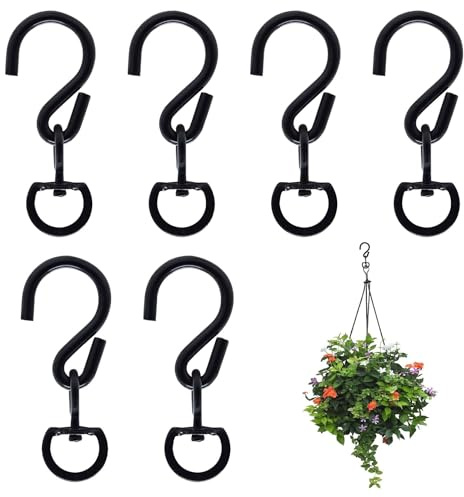 6 Pieces 360° Swivel S Hook Hanging Basket Heavy Duty Metal Swivel Hooks | JaneYi Rotating Hanging Buckle Hook Easy Turn Flower Pot for Garden Plant Basket Wind Chime Bird Feeder - Black