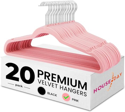 HOUSE DAY Kleiderbügel Samt 20 Stück - Kleiderbügel Platzsparend, Anzugbügel, Dünne Bügel rutschfest Hosenbügel 360° Drehbarer Haken breit kleiderbügel Schwere Samtbügel für Kleider - Rosa