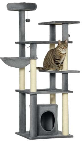 PawHut Árbol Rascador para Gatos de 144 cm con 4 Formas 49x49x144 cm Gris | Torre para Gatos, Postes para Rascar, Cama, Cueva, Plataformas, Hamaca, Bolas Colgantes