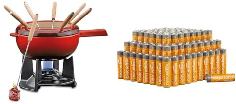 Spring Gusseisen Fondue Set rot | Ø 20 cm | mit 8 Fonduegabeln und Spritzschutz | für Käsefondue, Fleischfondue | Rechaud Brenner & Amazon Basics AA-Alkalibatterien, leistungsstark, 1.5 V, 100er-Pack