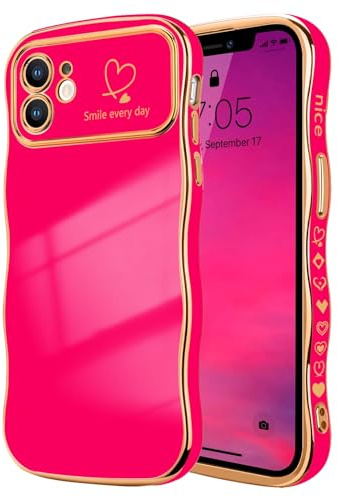 LCHULLE Kompatibel med iPhone 11, mobilskal, kärlekshjärta, flicka, fodral, vågor, lockig form med upphöjt kameraskydd, lyxigt, galvaniserat skyddshölje, flickfodral för iPhone 11, rosa