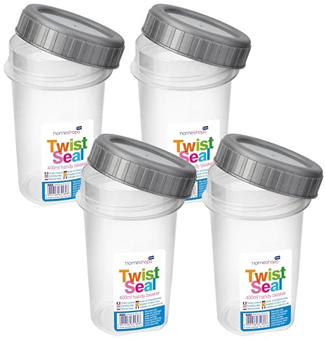 HOMESHOPA Clear Plastic Screw Top Beaker Cups, 4 Pack Airtight Liquid Storage Reusable Leakproof Containers with Twist Lock Lid, 400ml Freezer Microwave Dishwasher Safe
