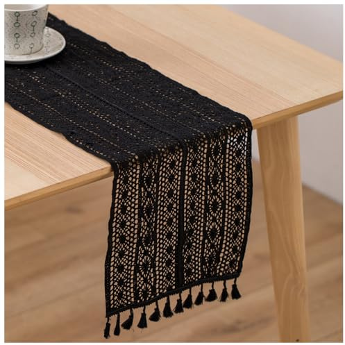 Wisafory Makramee Tischläufer Häkelspitze Tischdecke Tischdeko Spitze Boho Tischwäsche mit Quasten Rechteckige Gehäkelte Mesh Tischläufer Table Runner für Küche Essen Hochzeit Party Schwarz