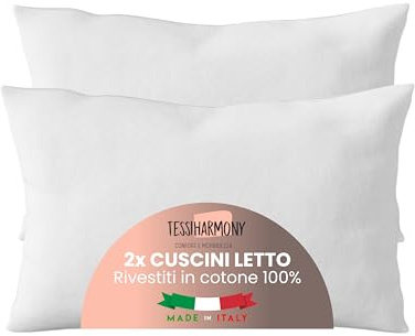 tessiharmony® Coppia Cuscini Letto Matrimoniale 50x80 per Dormire Guanciali Rettangolari Morbidi e Comodi Anallergici Antiacaro Traspiranti Imbottitura Standard di Qualità Artigianale Made in Italy