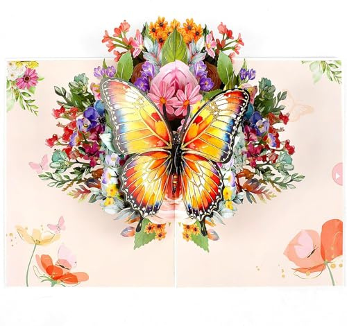 DERAYEE Pop-Up-Karte Schmetterlinge in der Natur mit Umschlag,3D Schmetterlingskarte,Geburtstagskarte,Geschenkkarte für Mutter,Frau, Freundin, Gute Besserung, Danke, Jahrestag（orange）