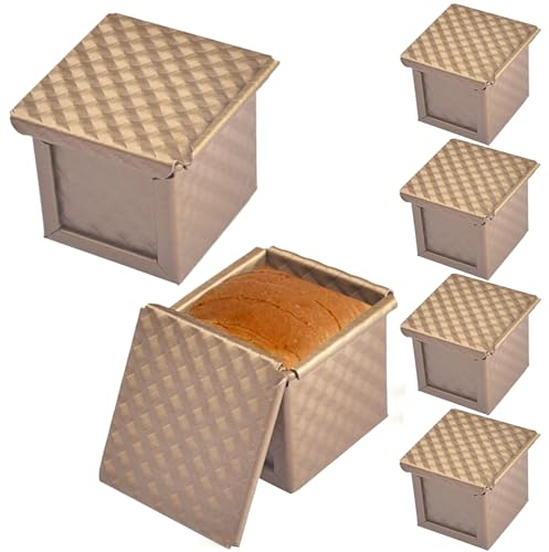 Comebachome Bread Baking Pan with Lid, 6pcs Aluminum Alloy Loaf Pan with Lid, Corrugated Bread Toast Box Mold, Mini Toast Mould for Baking Bread (2.4x2.6x2.6in)