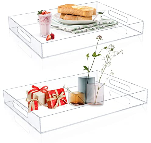 SENENQU Lot de 2 plateaux de service transparents de 28 x 38 cm et 30,5 x 40,6 cm en acrylique avec poignées, plateau à thé en plastique transparent pour cuisine, salle de bain, chambre à coucher