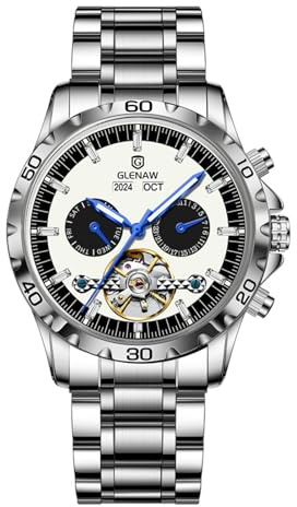 GLENAW Men Skeleton Watch Tourbillon Automatic Winding Date Luxury Stainless Strap Waterproof Luminous Men Wrist Watch, 8961-Silver Case, Modern