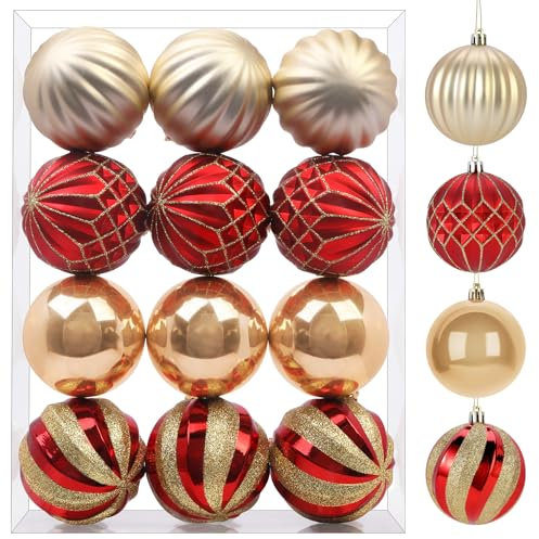 SHareconn Weihnachtskugeln Ornamente, 12 Stück-3.15 Zoll bunter, bruchsicherer Kunststoff, dekorative Kugeln für Christbaumdekoration, Festtage, Party, Hochzeitsdekoration,80mm,Rot und Gold