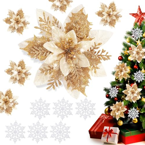 12 Pcs Christmas Glitter Poinsettia Flower, Artificial Christmas Tree Flower with 6Pcs Glitter Snowflake Ornaments Decoration for Xmas Tree Wedding Party Wreath Decoration (Gold)