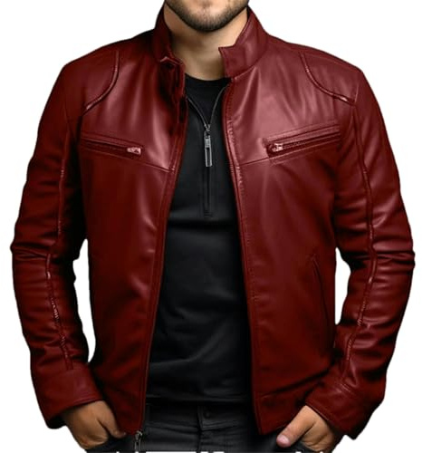 GaoLeAve Primavera Verano Ropa Hombres Chaqueta de Cuero Hombre Cuello Alto Punk Abrigo de Cuero Hombres Primavera y Otoño Chaqueta de Cuero, rojo vino, M