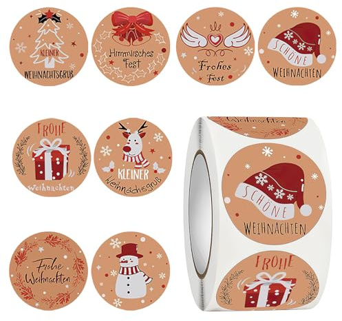 500 Stück Aufkleber Weihnachten, Kraftpapier Weihnachtsaufkleber | Sticker Weihnachten Rund im 8 Stil, Weihnachtsaufkleber Selbstklebend für Geschenkverpackungen, Party Dekoration, Umschlag