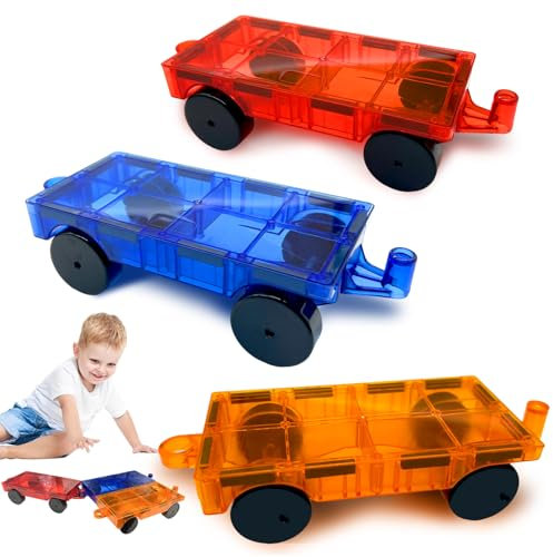 Magnetische Bausteine,3 Stück Magnetische Bauklötze Expansion Auto, Magnetisches Auto，STEM Magnet Spielzeug, Fliesen Kinderspielzeug, für 3 4 5 6 7 8 Jahre Jungen und Mädchen（Rot Blau Gelb