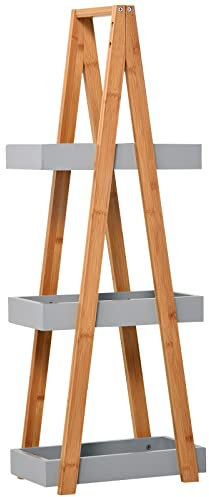 kleankin Estantería de Baño de Bambú con 3 Estantes Estantería de Almacenaje Estantería de Madera en Forma de A 30x18x81 cm Natural y Gris