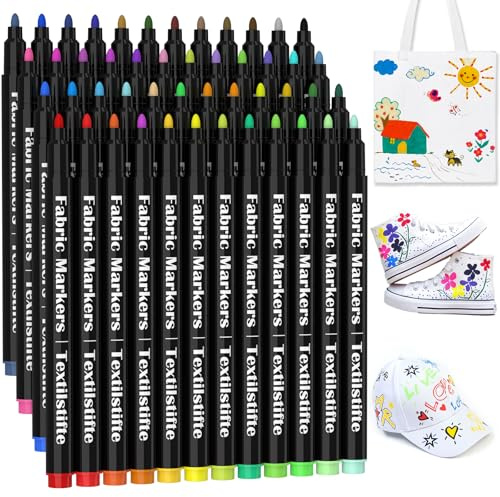 KERIFI Textilstifte Textilmarker Waschmaschinenfest, Stoffmalstifte Stoffmalfarben, Textilstift Stoffstifte Waschfest Kinder für T-shirt Lätzchen Stofftaschen Jutebeutel Kleidung (48 Mehrfarbig)