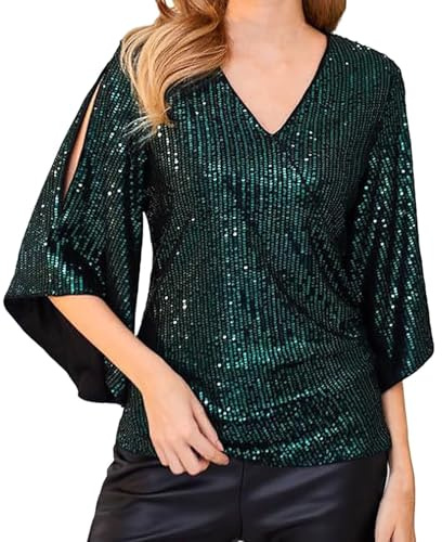 Blusas festivas para mujer con lentejuelas, elegante blusa con lentejuelas, sexy con cuello en V, top de lentejuelas para fiesta, traje de Nochevieja, tallas grandes, túnica, camisa de verano, blusa