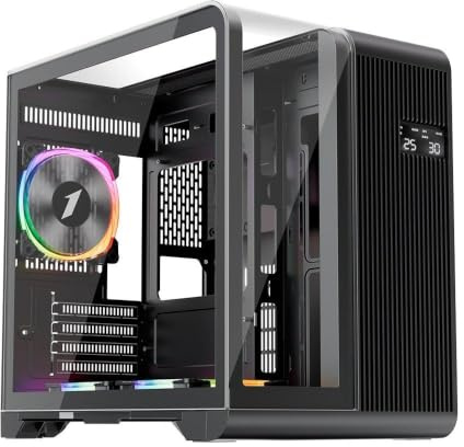 1st Player RT5 Micro ATX PC Gaming Case - Dual Chamber, LED Screen and Curved Panoramic Tempered Glass (RT5 Black No Fans)