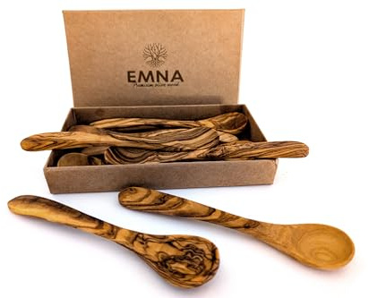 EMNA – Olivträ 8 x skedar 14 cm, kryddsked, dessertsked, kaffesked, tesked, naturlig, antibakteriell, mångsidig, presentidé för kök, gourmeter, i en exklusiv presentförpackning