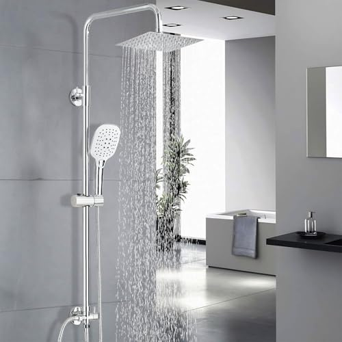 TVTIUO Badezimmer-Brausegarnitur mit Handbrause und Quadratischer Kopfbrause, Höhenverstellbare Duschset, Galvanisiert Verchromt（20x20cm）für Badezimmer