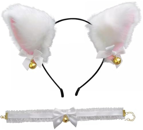 Zwenjuan Serre Tete Oreille De Chat,Oreille de Chat Serre Bandeau Oreilles de Chat Bandeau Accessoires de Cosplay de Chat avec Cloches,Accessoires de Robe pour Filles Femmes,Cosplay de Fête(Blanc)