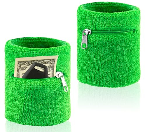 2 Piezas Muñequera Unisex con Cierre Zip, Muñequera Bolsillo para el Sudor, Muñequeras Bolsa de Algodón Grueso, Billetera de Muñeca con Cierre Zip para Tenis Baloncesto Fútbol y Fitness, Verde