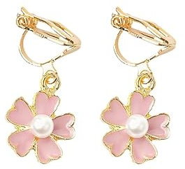 Tivleed Pearl Earrings Pink Cherry Blossom Earrings for Women - Clip On No Piercing, Hypoallergenic Floral Pearl Studs, Bridesmaid Wedding Gift, Anniversary Birthday
