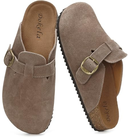 Dokela Clogs Pantoletten Herren Damen Leder Hausschuhe Kork-Fußbett Mules Bequeme Latschen Classic Geschlossene Schlappen, Dunkelbraun, 38 EU