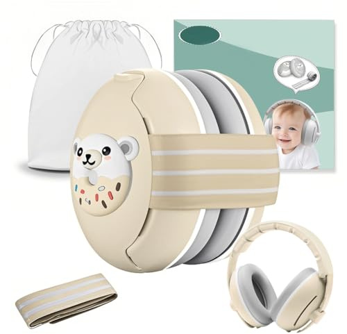 Robofun 2 in 1 Cuffie Neonato Antirumore, Protettori Acustici per Neonati -25dB, Fasce Regolabili, Protezione Acustica Ideale per Neonati fino a 48 Mesi, Confortevoli - Beige