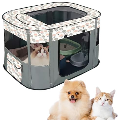 RNPKZ Foldable Pet Playpen, 70 x 55 x 40 cm Portable Foldable Dog Cat Playpen, Rectangle Delivery Room Pets Tent, Soft Indoor Outdoor Pet Cage with Storage Bag for Puppies, Rabbits, Kittens (Gray)