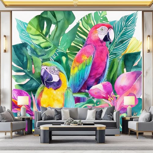 Carta da parati Motivo Con Piante E Uccelli Tropicali, 300 x 210 cm Stile Acquerello Carta da parati fotografica personalizzata in tessuto non tessuto per soggiorno e cameretta dei bambini, Verde