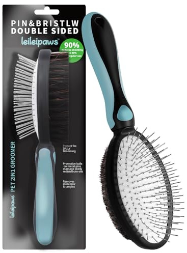 LeileiPaws 2-in-1 Hundebürste & Katzenbürste – Entfilzungskamm für Langhaar & Kurzhaar, Metallpins & Naturborsten, ergonomischer TPR-Griff, sanfte und effektive Fellpflege (Blau-Schwarz)