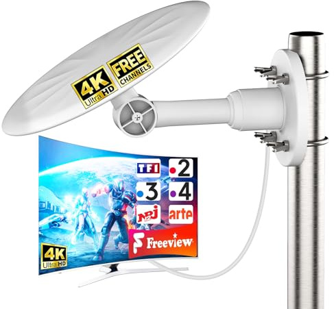 Antenne TV Extérieure Amplifiée – Réception Puissante Longue Portée DVB-T2/TNT HD – Compatible Télévision Numérique 4K UHD & Full HD – Antenne Numérique Résistante aux Intempéries – Câble 10 m