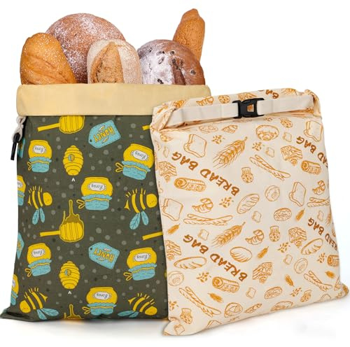 HAPYHOOM 2 Pack Natural Beeswax Bread Bags for Sourdough Homemade Bread, Reusable Natural Organic Linen, Food Storage Cloth Bag, Large Capacity Portable, Freezer-Friendly, Freshness Preservation