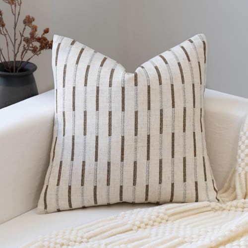 FIOUOVO Decorative Neutral Throw Pillow Covers 20x20 Farmhouse Pillow Covers Cotton Stripe Cushion Covers Home Decor for Sofa Couch Living Room Bedroom 1PC, Bold Stripe