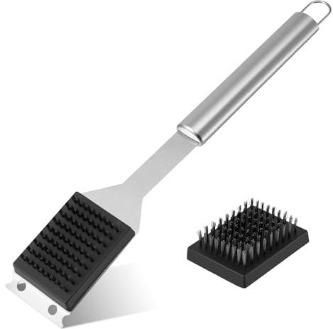 Cepillo para barbacoa de acero inoxidable 3 en 1, cepillo para parrilla de hierro fundido, cepillo de limpieza de parrilla de acero inoxidable con 1 cepillo de repuesto para barbacoa, mejor accesorio