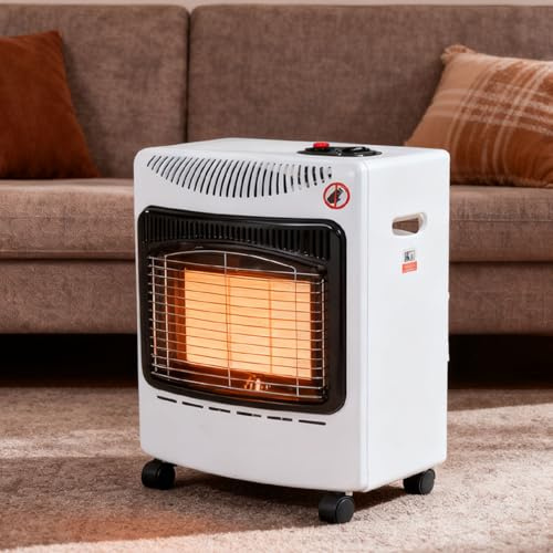DKIEI Portable Gas Heater, 4.2KW 3 Heating Settings Calor Gas Heaters with Wheels, Hose and Regulator, Indoor Outdoor Butane Cabinet Heater for Home Office Camping Garage, 42 * 25.5 * 55cm, White