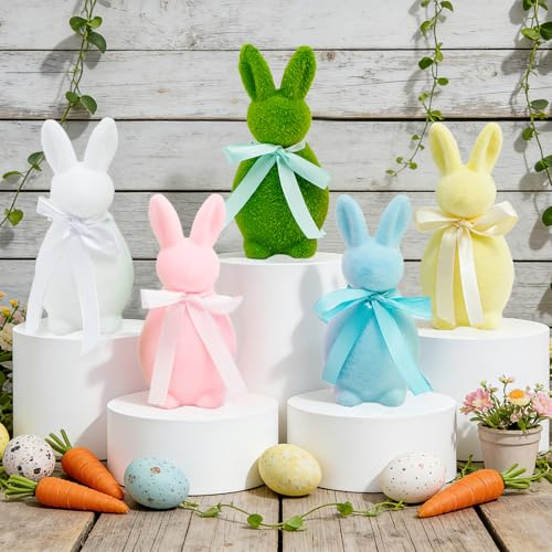 Larber 5PCS 15CM Mini Pascua Conejo Escultura Decoraciones Espumoso Conejo con Pajarita para Piezas centrales de Pascua para la Primavera de Mesa de Decoración
