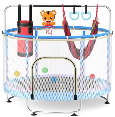 150cm Kindertrampolin mit Turnstange – Trampolin für Kinder Indoor Outdoor, Mini-Trampolin für Kinder mit Sicherheitsnetz, Basketballkorb & Schaukel, höhenverstellbar, bis 150 kg belastbar