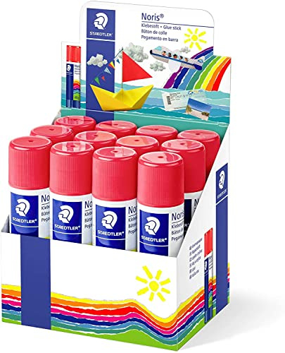 STAEDTLER Noris Expositor de 12 Barras de Pegamento 40gr - sin disolventes - Uso Escolar - Pega Papel, cartulina, Tejido etc