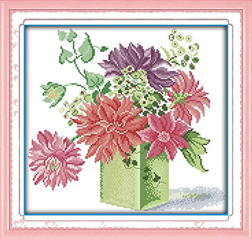 Arte YEESAM® Nueva Kits de punto de cruz avanzada – dalias flores 14 hilos 34 × 32 cm blanco lienzo – Needlework Navidad regalos