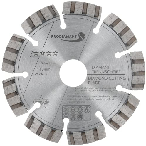 PRODIAMANT Laser Diamanttrennscheibe 115mm Beton Stahlbeton Stein und Ziegel Diamant Turbo-Segmente lasergeschweißt