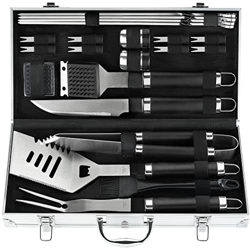POLIGO 22PCS Heavy Duty BBQ Grill Accessories Set, Non-Slip Grill Tools for Outdoor Grill Set Stainless Steel Grill Utensils Set, Deluxe Grilling Tools Set in Aluminum Case Ideal Gifts for Men Black